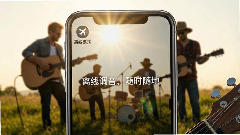 主体:手机界面显示“离线模式”标识,背景为户外草地和吉他手剪影。布局:手机居中,屏幕亮起,左上角有飞行模式图标。排版:文字“离线调音,随时随地”位于屏幕中央。风格:写实与扁平结合,阳光明媚,色调温暖。细节:屏幕反射阳光,琴头露出画面一角。画质:超高清,无多余元素。