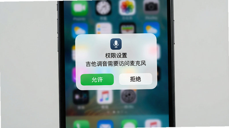 主体:手机屏幕展示“权限设置”弹窗,显示“吉他调音需要访问麦克风”,下方有“允许”和“拒绝”按钮。布局:弹窗居中,背景虚化。排版:文字清晰,按钮为圆角矩形。风格:系统原生风格,简洁。细节:弹窗顶部有软件小图标,背景为手机桌面模糊效果。画质:高清,干净无多余元素。
