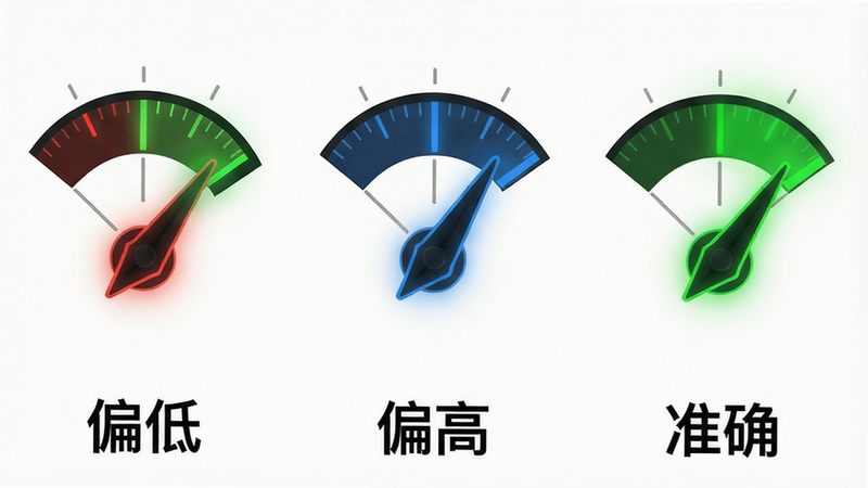 主体:动态截图模拟,调音指针处于不同位置,分别显示红色(偏低)、蓝色(偏高)、绿色(准确)三种状态。布局:三个小图并排展示,每张图下方有文字标注“偏低”“偏高”“准确”。排版:图片比例16:9,文字居中,整体排列整齐。风格:信息图示风格,背景纯白,色彩鲜明。细节:指针形状为三角形,绿色区域有发光效果。画质:4K,边缘清晰,干净无多余元素。