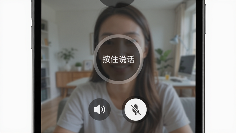 见正文插图:SeeEasy双向语音对讲操作界面,手机屏幕中间有一个圆形按钮,上面写着“按住说话”,下方有音量图标和静音开关,背景是半透明的实时视频画面,风格现代,干净无多余元素
