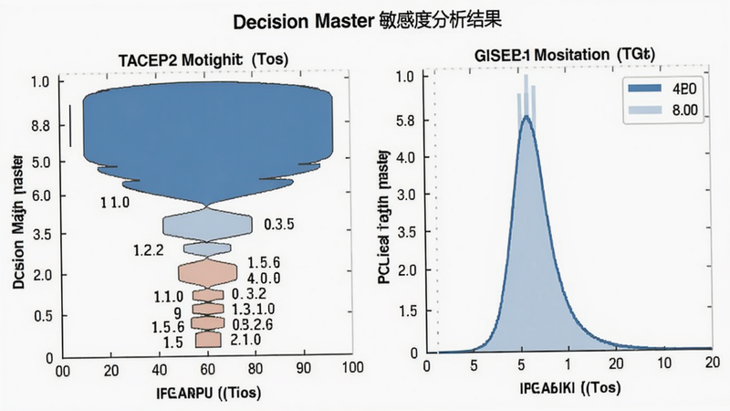 Decision Master 敏感度分析结果,tornado 图与概率分布曲线并行展示,数据标签清晰,背景白色,风格专业,画质细腻
