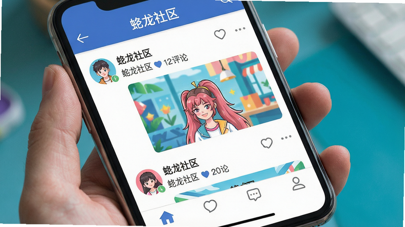 一张社交社区界面截图,主体为手机屏幕显示社区动态列表,布局顶部导航栏,中部用户帖子,底部标签栏,排版常见社交APP风格,风格青春活力,细节包括用户头像、点赞、评论,画质细腻,文字“虬龙社区”可见
