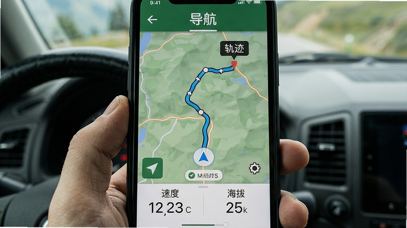 一张手机导航界面显示越野路线规划的场景,主体为手机屏幕显示地图和轨迹,布局地图占主要区域,下方有速度、海拔数据,排版简洁,风格户外探索,细节包括起点、终点、途径点,画质清晰,文字“导航”与“轨迹”标注