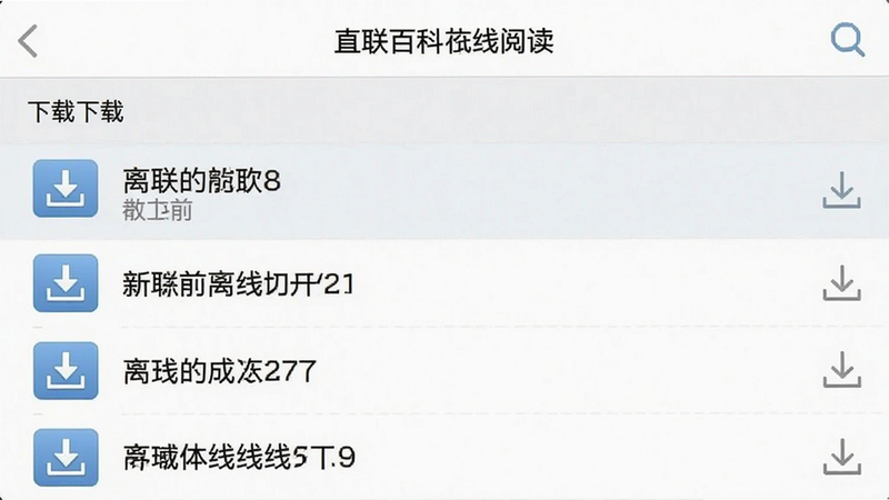 直联百科离线阅读界面,显示已下载的列表,每个条目带有下载图标,界面为列表视图,背景浅色,布局清爽,画质清晰,强调离线功能