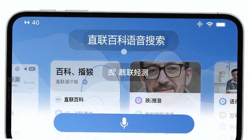 直联百科语音搜索界面,底部有麦克风按钮,屏幕显示语音转文字结果,并展示百科卡片,背景为白色,带有蓝色渐变,画面简洁,突出语音交互功能