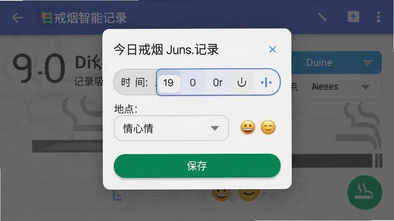 ���ս������ܼ�¼���棬չʾ��¼���̵ĸ�������������ʱ��ѡ�������ص������˵����������ͼ�ꡣ���֣��������У�������͸�����֡����Material Design��Բ�������ϸ�ڣ�ѡ�������ɵ�������水ťͻ�������ʣ�ϸ�壬�޶���Ԫ�ء�