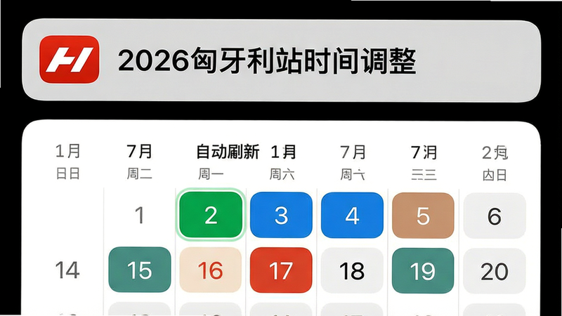 主体:F1赛程的赛程更新界面,布局:中央显示一条通知“2026匈牙利站时间调整”,下方为自动刷新的日历视图。排版:上下结构,顶部通知栏带红色图标。风格:清新简洁,iOS风格。细节:通知文字清晰,日期高亮。画质:高清,无冗余元素