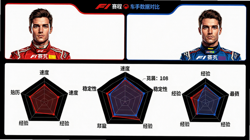 主体:F1赛程的车手数据对比界面,布局:上半部分为两位车手头像并列,下半部分为雷达图对比(速度、稳定性、经验等)。排版:对称布局,红蓝双色区分。风格:数据可视化,专业仪表盘风格。细节:雷达图标注维度,头像下方显示姓名和积分。画质:高对比度,清晰干净