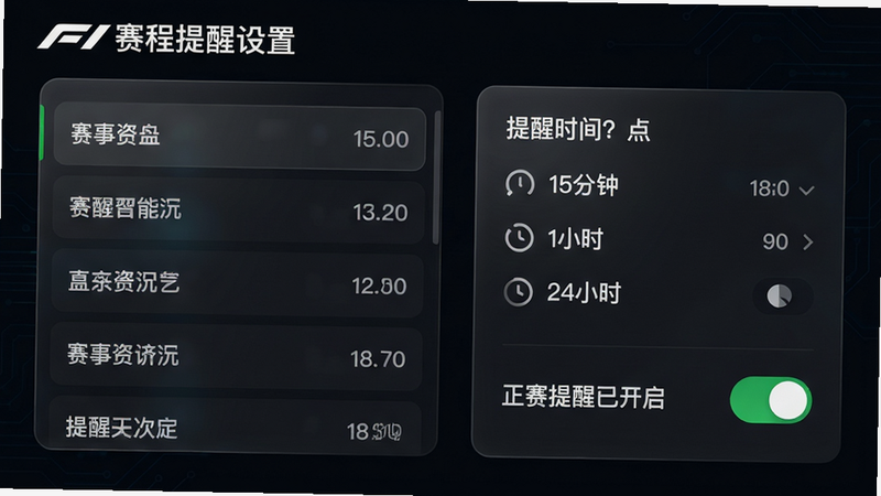 主体:F1赛程提醒设置界面,布局:左侧为赛事列表,右侧为提醒时间选择器(勾选15分钟、1小时、24小时)。排版:分栏布局,深色背景衬托白色文字。风格:科技感,磨砂玻璃效果。细节:提醒开关按钮为绿色,显示“正赛提醒已开启”。画质:干净,无多余元素