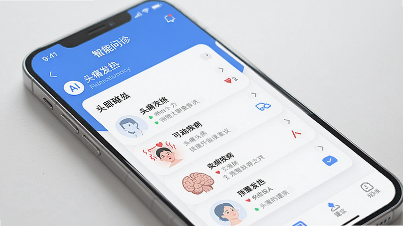 好伴AI智能问诊功能预览图,手机界面展示用户输入“头痛发热”后,AI即时生成多种可能疾病列表及建议,界面采用卡片式布局,色彩以蓝白为主,风格简约,文字清晰,画质高,干净无干扰