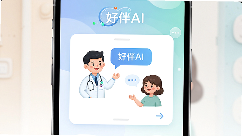 好伴AI智能健康咨询界面,手机屏幕中央显示对话窗口,一位卡通医生形象与用户交流,背景为柔和渐变色,上方有“好伴AI”logo,整体风格清新专业,排版整洁,细节清晰,画质干净,无多余元素