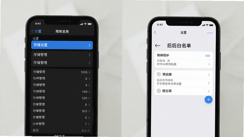 好伴AI使用指南预览图,手机屏幕展示设置界面中的“存储管理”选项,以及后台白名单设置界面,两张截图拼接形式,布局清晰,风格实用,画质干净,无多余元素