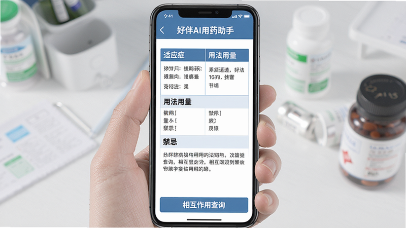 好伴AI用药助手功能,手机界面展示某药品说明书,分栏显示“适应症”“用法用量”“禁忌”,界面采用表格样式,底部有“相互作用查询”按钮,配色专业,排版整齐,画质清晰,干净简洁