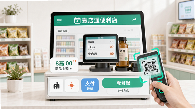 主体为壹店通收银界面,布局中央为收银台模拟,包含商品金额、支付方式按钮,顶部显示店铺名称“壹店通便利店”,风格清新明亮,细节有扫码动画,画质清晰,干净整洁。