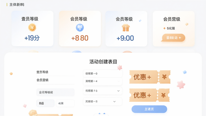 主体为壹店通会员营销页面,布局上部为会员等级卡片,下部为活动创建表单,风格简约,细节包含积分图标和优惠券样式,画质高清,色彩柔和,无多余元素。