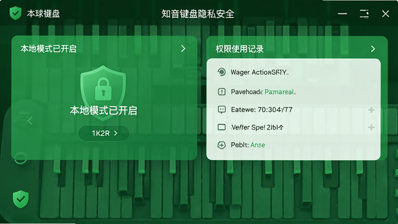 知音键盘隐私安全界面截图,显示“本地模式已开启”“权限使用记录”等栏目,整体为绿色安全色调,画质清晰无多余元素