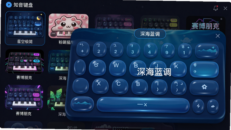 知音键盘主题皮肤切换界面,展示多款预览缩略图,包括“星空极简”“粉萌猫爪”“赛博朋克”等风格,选中的“深海蓝调”全屏预览,按键圆润有光泽,画质干净色彩饱满
