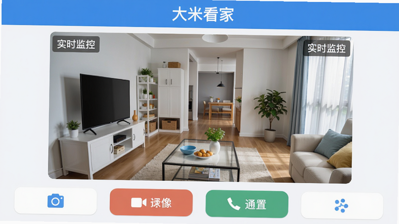 大米看家APP主界面截图,展示实时监控画面,布局顶部有'大米看家'标题,中间是高清视频窗口,底部有拍照、录像、通话、设置等按钮,风格扁平化,色彩以蓝色和白色为主,画质清晰,无多余元素,文字标注'实时监控'