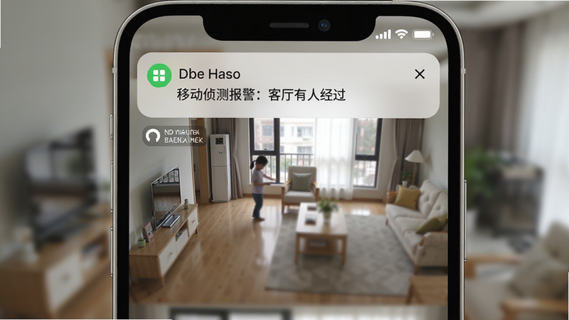 手机通知栏显示大米看家报警推送,内容为'移动侦测报警:客厅有人经过',下方有抓拍图片缩略图,背景虚化,风格简洁,文字清晰,画质高清,无多余元素