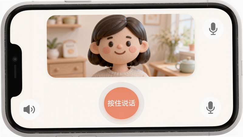 大米看家APP通话界面,屏幕上方显示对方摄像头画面,下方有圆形通话按钮,显示'按住说话',界面边缘有喇叭和麦克风图标,风格圆润亲和,色彩柔和,画质细腻,无多余元素