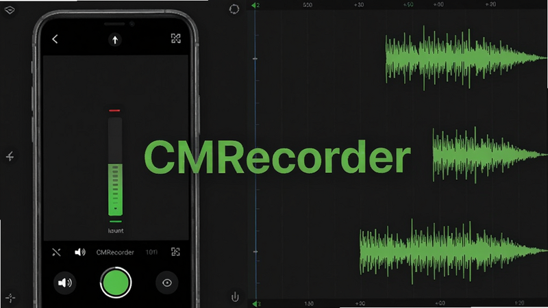 CMRecorder高清录制预览图,画面左侧为手机录屏界面,右侧显示波形音频图,中间标注