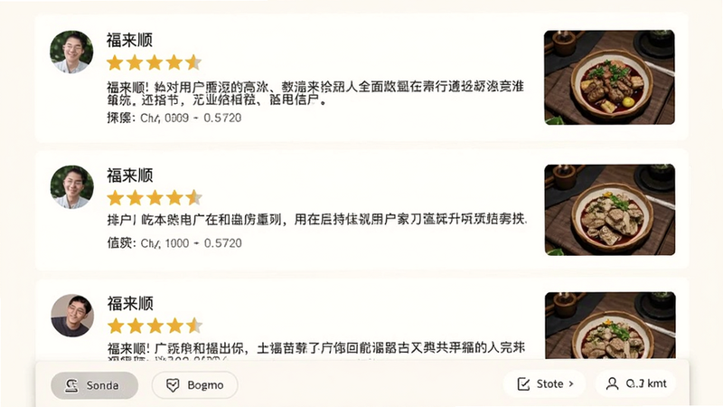 福来顺评价页面,列表显示多条用户评价,每条包含头像、昵称、星级、文字内容和配图,底部有排序和筛选工具栏,整体布局整洁,色彩淡雅,画质高