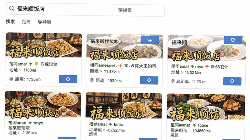 福来顺搜索“福来顺饭店”结果页面,显示多个同名餐馆卡片,每个卡片包含地址、距离和导航按钮,整体布局清晰,搜索结果用列表展示,背景为白色,画质高清,无多余元素