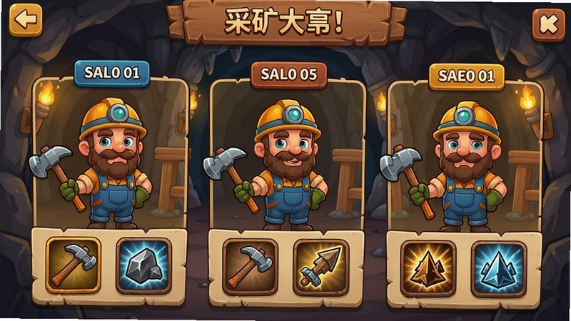 采矿大亨矿工养成界面,不同等级的矿工角色,有装备和技能图标,背景是矿井,卡通可爱风格,细节丰富,画质清晰