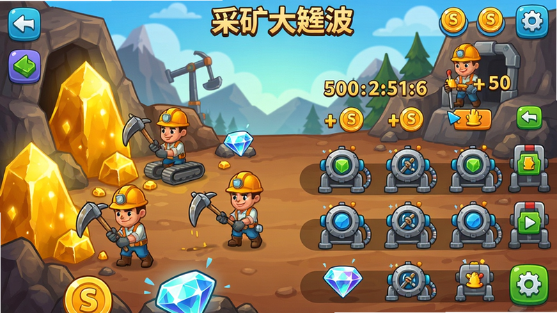 采矿大亨游戏主界面,一个繁忙的矿山场景,矿工们正在挖掘金矿和钻石,各种升级设备排列整齐,金币数字不断跳动,卡通风格,明亮色彩,UI布局清晰,画质干净