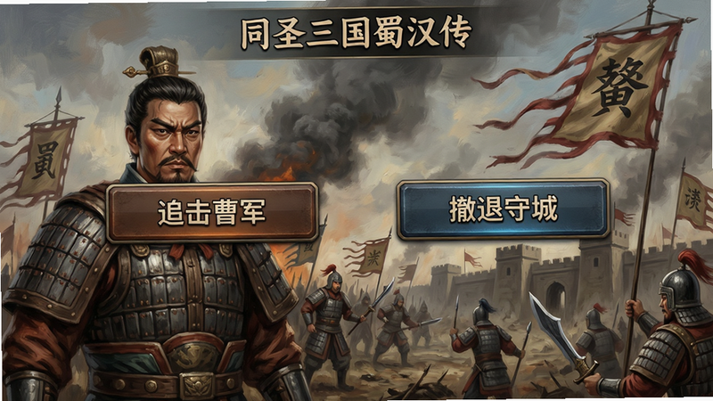 主体:同人圣三国蜀汉传剧情分支选择界面,布局:屏幕中央出现两个选项“追击曹军”和“撤退守城”,排版:选项按钮立体质感,背景为战场硝烟,风格:写实油画风,细节:将领表情严肃,旗帜飘扬,画质:高清晰度,无多余文字干扰。
