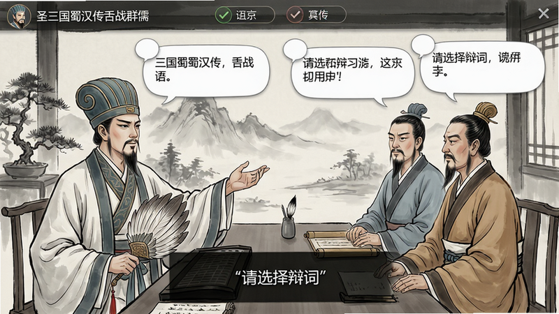 主体:同人圣三国蜀汉传舌战群儒界面,布局:诸葛亮与江东群儒辩论,头顶弹出对话气泡和选项,排版:水墨背景,人物半身像,风格:工笔国风,细节:人物衣纹、笔触清晰,画质:高分辨率,文字“请选择辩词”加引号,背景干净无其他UI。