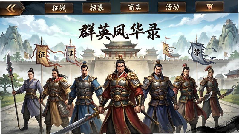 群英风华录游戏主界面,城池背景,武将队列整齐排列,顶部菜单栏有