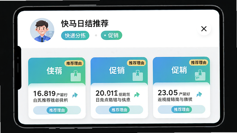 快马日结推荐页面,顶部展示用户头像和技能标签(如“快递分拣”、“促销”),下方推荐三个岗位卡片,每张卡片附带“推荐理由”标签。风格清新,布局合理,强调个性化匹配,画质高清。