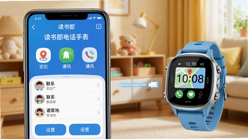 主体:一部智能手机屏幕上显示读书郎电话手表APP主界面,旁边放着一只读书郎儿童手表,背景为温馨家庭环境。布局:手机位于左侧,手表在右侧,中间有连接线示意。排版:手机屏幕清晰显示“读书郎电话手表”字样和定位、通讯等主要功能图标。风格:真实摄影风格,明亮色调,儿童友好。细节:手表表盘显示时间,手机界面有地图定位、联系人列表、设置按钮。画质:4K超清,干净无多余元素。