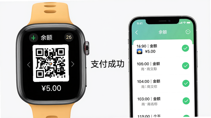 主体:儿童手表屏幕显示支付二维码,手机APP显示交易记录列表。布局:手表在左,手机在右,中间有“支付成功”字样。排版:手表二维码下方有金额“5.00”,手机列表显示时间、金额、商家名称。风格:现代简约风格。细节:手表屏幕有“余额”显示,手机列表有绿色对勾图标。画质:高清晰度,背景纯色。