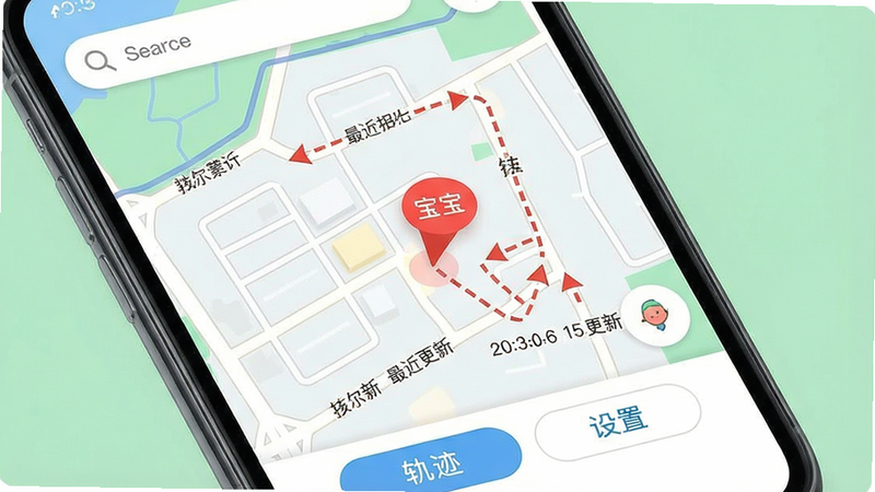 主体:一张手机屏幕截图,显示地图上有一个红色定位点标记孩子位置,旁边有路径线条显示行走轨迹。布局:地图占满屏幕,左上角有搜索框,底部有“轨迹”“设置”按钮。排版:地图上清晰标注街道名称,红色定位点带有“宝宝”标签。风格:清新扁平风格,色彩明快。细节:轨迹线为虚线,有箭头指示方向,时间戳显示最近更新。画质:高清,无多余元素。