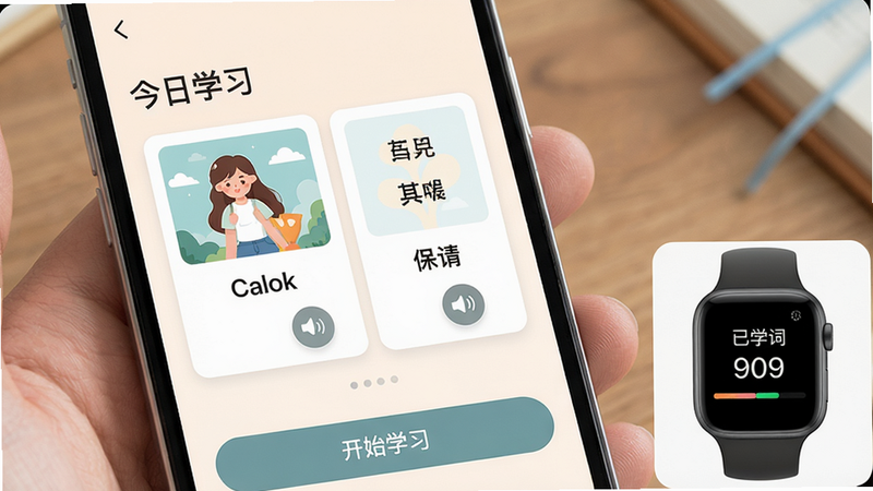 主体:手机APP的学习页面,显示英语单词卡片和古诗词列表,旁边有手表展示学习进度。布局:手机屏幕为主,手表小窗口在右下角。排版:手机页面顶部有“今日学习”标题,中间是单词卡片,底部有“开始学习”按钮。风格:教育风格,色彩柔和。细节:卡片上有图片和发音按钮,手表屏幕显示已学数量。画质:高清,元素整洁。