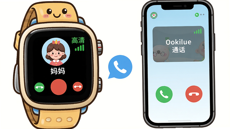 主体:儿童手表和手机并排,手表屏幕显示通话界面,手机APP显示来电提醒。布局:左边手表,右边手机,中间有通话连接图标。排版:手表上显示联系人头像和“妈妈”字样,手机屏幕有接听/挂断按钮。风格:卡通可爱风格,适合儿童。细节:通话状态显示“高清通话”,信号满格。画质:细腻,干净背景。