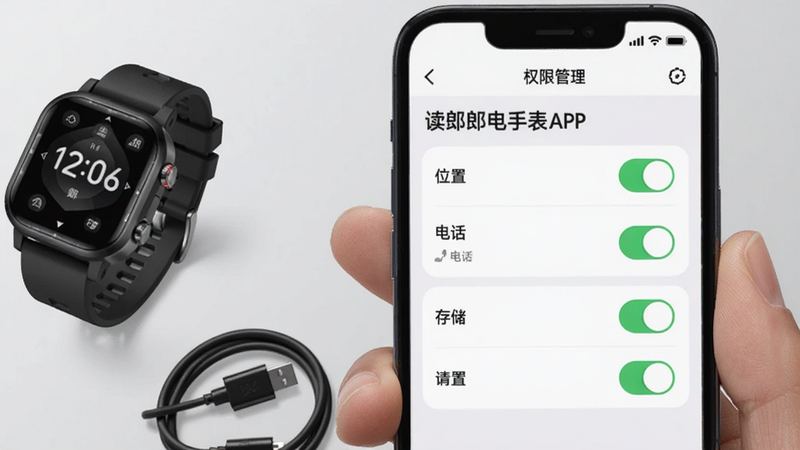主体:手持智能手机,屏幕上显示读书郎电话手表APP设置界面,旁边放着手表。布局:手机居中,手表在左侧,底部有数据线。排版:手机屏幕上显示“权限管理”页面,包括位置、电话、存储等开关。风格:简洁科技风,背景为浅灰色。细节:开关处于开启状态,显示绿色。画质:高清,光线均匀,无多余元素。