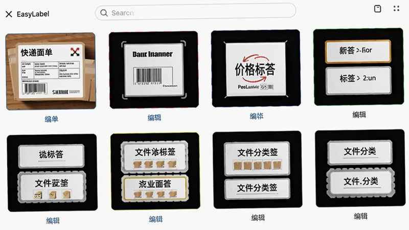 XEasyLabel的模板选择界面,展示多个标签模板缩略图,如快递面单、价格标签、文件分类标签等,每个模板有预览小图,点击可进入编辑,界面采用网格布局,顶部有搜索框,背景白色,风格简约,高清画质,干净无多余元素