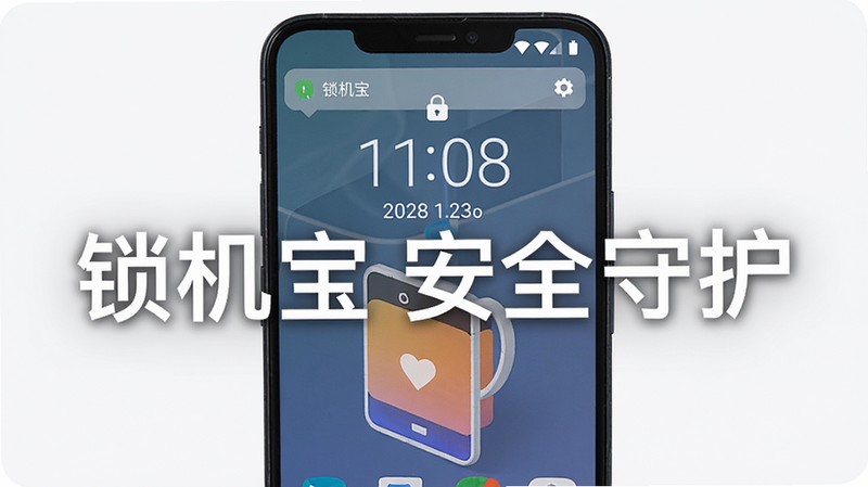 主体为一部安卓手机屏幕显示锁机宝主界面,布局居中,风格现代简约,细节包括锁屏图案、时间日期、通知栏,画质高清,干净无多余元素,图片上打文字“锁机宝 安全守护”