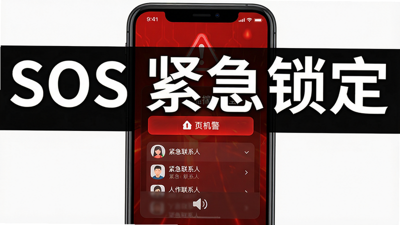 锁机宝紧急锁定报警界面,主体为手机屏幕显示报警提示,布局居中,红色警告风格,细节包括报警按钮、紧急联系人列表、音量图标,画质高清,干净,图片上打文字“SOS 紧急锁定”