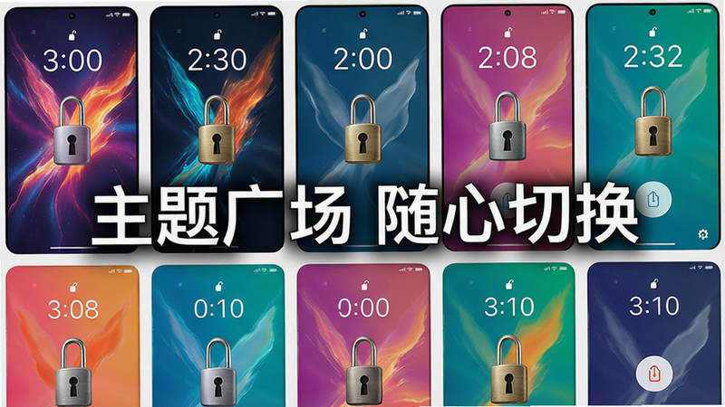锁机宝主题库预览,主体为多个锁屏缩略图排列,布局网格,风格多彩,细节包括动态壁纸、时钟样式、解锁按钮,画质高清,干净,图片上打文字“主题广场 随心切换”