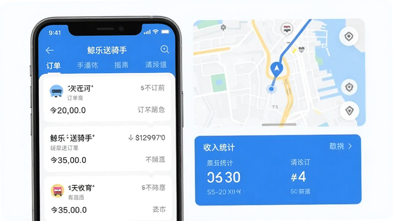 鲸乐送骑手APP主界面截图,展示订单列表、地图导航和收入统计模块,蓝色主色调,界面简洁现代,手机竖屏显示,高分辨率,画面干净无多余元素