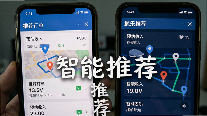鲸乐送智能派单界面截图,显示推荐订单列表与预估收入,路线标记清晰,手机屏幕实拍风格,画质干净,突出“智能推荐”字样