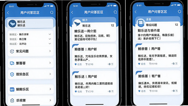 鲸乐送用户问答专区示意图,展示常见问题列表与解答卡片,界面为手机截图风格,蓝白配色,字体清晰,画质高,无多余元素