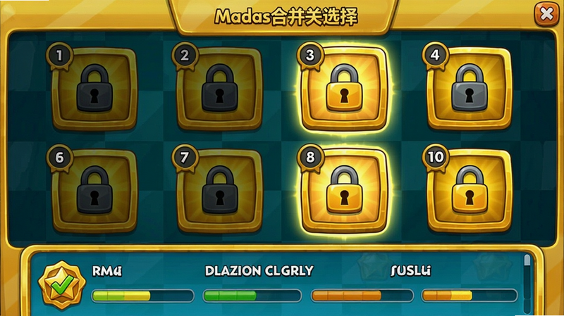 主体:迈达斯合并关卡选择界面,显示多个金色锁定的关卡图标,底部有成就列表,已完成的成就带有“”标记。布局:关卡以棋盘格排列,成就列表纵向滚动。排版:每个关卡图标上有数字编号,成就条目有进度条。风格:卡通UI,金色边框,成就徽章为星星图案。细节:未解锁关卡有暗色锁头,已解锁关卡发光。画质:干净,无多余元素。