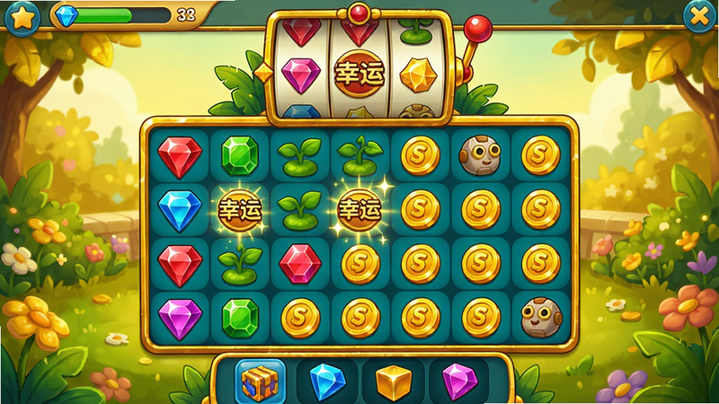 主体:迈达斯合并游戏主界面,中央展示合并区域,各种宝石、植物、金币等物品排列整齐,上方有老虎机转盘元素,背景为金色花园。布局:界面分为顶部状态栏、中部合并网格、底部道具栏。排版:物品网格排列整齐,图标圆润明亮,转盘位于顶部显眼位置。风格:卡通手绘风格,色彩鲜艳,金黄色调为主,配以绿色植物。细节:每个物品都有高光,合并时会有闪烁特效,转盘上标有“幸运”字样。画质:高清细腻,干净无多余元素。