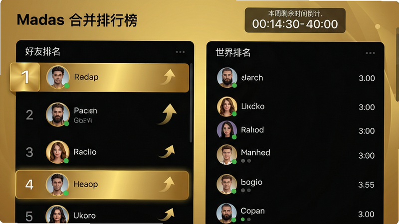 主体:迈达斯合并排行榜界面,左侧好友排名列表,右侧世界排名,顶部有本周剩余时间倒计时。布局:双栏设计,好友列表带头像和名字。排版:排名数字用金色标注,当前玩家高亮。风格:简洁现代,背景为金色渐变。细节:头像旁有在线状态圆点,排名变化有动画箭头。画质:干净,无多余元素。