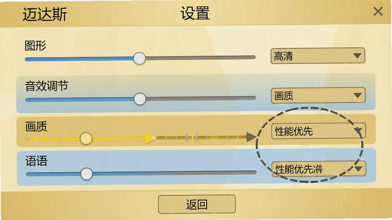 主体:迈达斯合并游戏设置界面,显示图形选项、音效调节、语言选择等,重点突出“画质”选项被调到“性能优先”位置。布局:设置菜单为纵向列表,选项带滑块或下拉框。排版:顶部标题“设置”,底部有“返回”按钮。风格:扁平化,浅金色背景。细节:当前选中项高亮,滑块有拖拽指示。画质:高清,干净无多余元素。